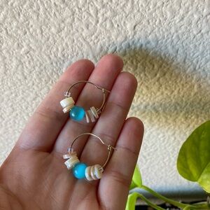Handmade Gold Hoop Earrings with Blue and Cream Beads